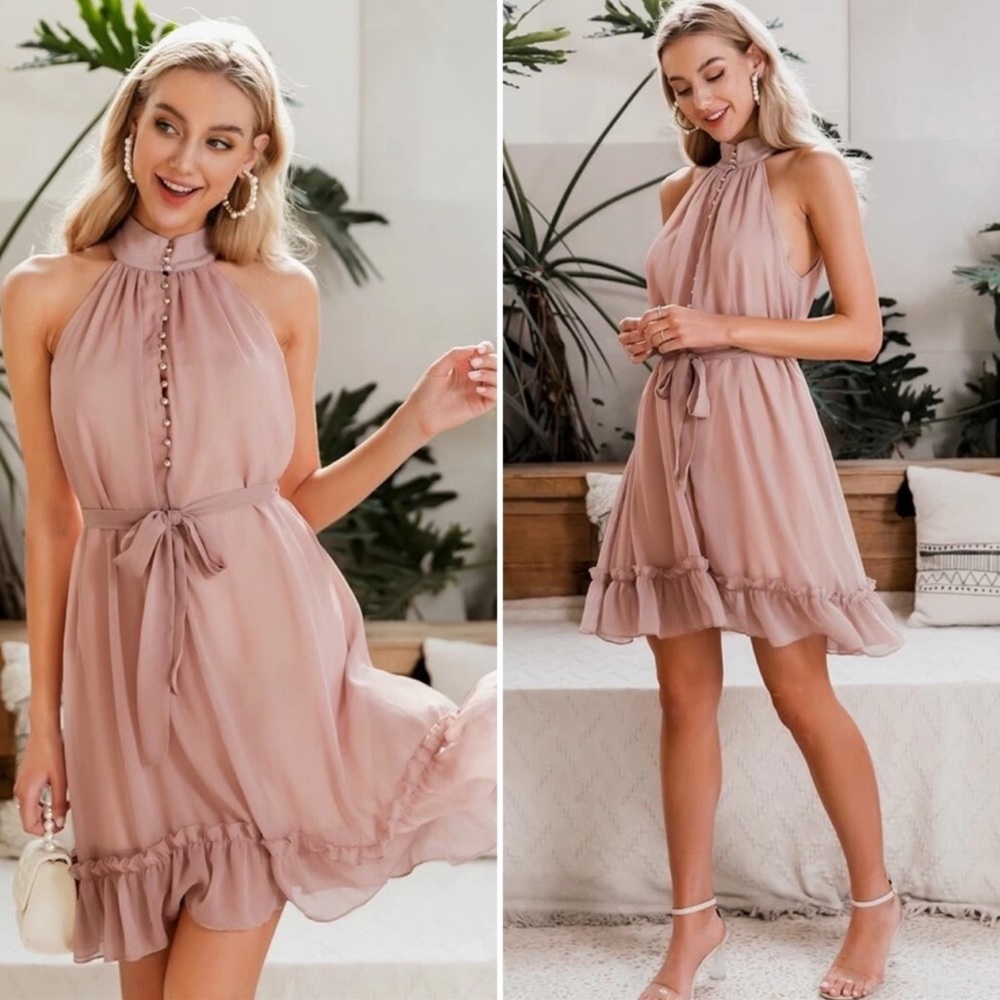 Halter Belted Button Dress